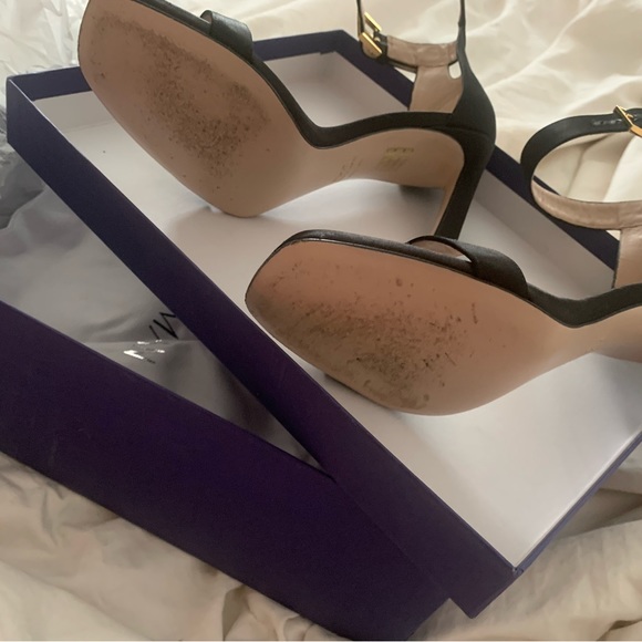 STUART WEITZMAN 100S Square Nudist Black Satin Sandal - Size 7.5 - Like New - Picture 7 of 11